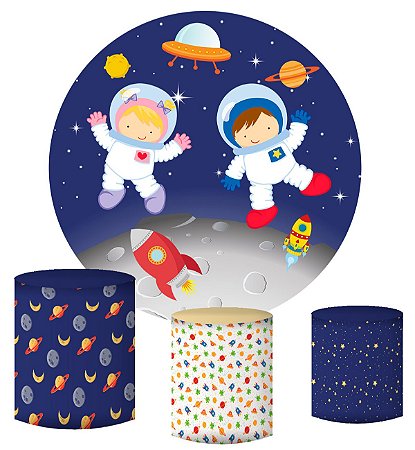 Kit Painel Redondo De Festa e Capas de Cilindro em tecido sublimado Astronautas Cute