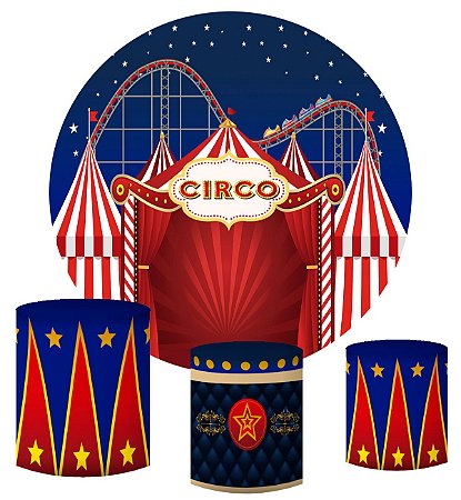 Kit Painel Redondo De Festa e Capas de Cilindro em tecido sublimado Circo Montanha Russa