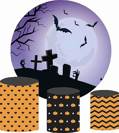 Kit Painel Redondo De Festa e Capas de Cilindro em tecido Lua Cemitério Halloween