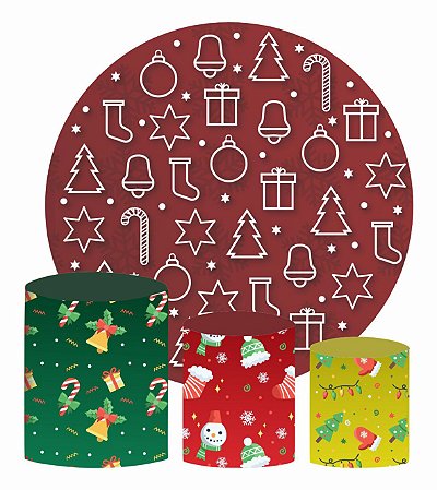 Kit Painel Redondo De Festa e Capas de Cilindro em tecido Textura de Natal