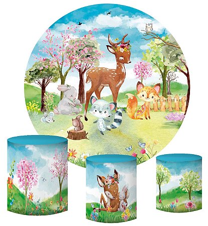 Painel Bosque Animais Cute Bichos Redondo Estampado em Tecido Malha