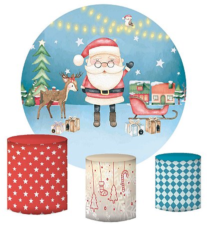 Kit Painel Redondo De Festa e Capas de Cilindro em tecido sublimado Natal Aquarela