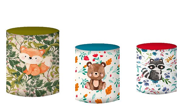 Kit Capas de Cilindro de festa em tecido sublimado Animais do Bosque