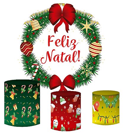 Kit Painel Redondo De Festa e Capas de Cilindro em tecido sublimado Feliz Natal