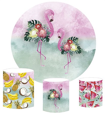 Kit Painel Redondo De Festa e Capas de Cilindro em tecido sublimado Flamingos Pink