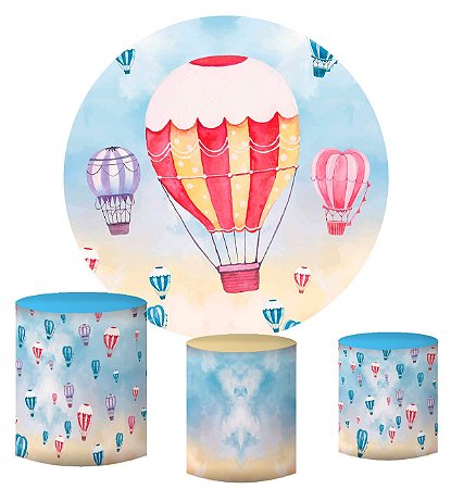 Kit Painel Redondo De Festa e Capas de Cilindro em tecido sublimado Balões Aquarelados