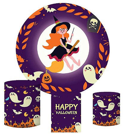 Kit Painel Redondo De Festa e Capas de Cilindro em tecido sublimado Bruxa Halloween