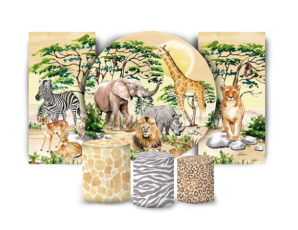 Super Kit Painel De Festa e Capas de Cilindro em tecido sublimado Safari Selvagem