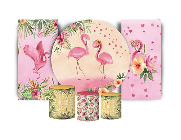 Super Kit Painel De Festa e Capas de Cilindro em tecido sublimado Flamingos Namorados