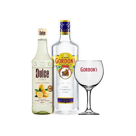 Combo 1und Xarope p/ Drinks La Dulce Limão Siciliano + 1und Gin Gordons 750ML + 1und Taça de Vidro Gordons