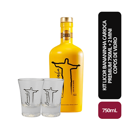 Kit Licor Bananinha Carioca PREMIUM 750ml + 2 Mini Copos de Vidro