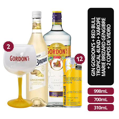 Kit Gin Gordon’s + Red Bull Tropical 4 Unidades + Xarope de Gengibre + 2 Copos de Vidro