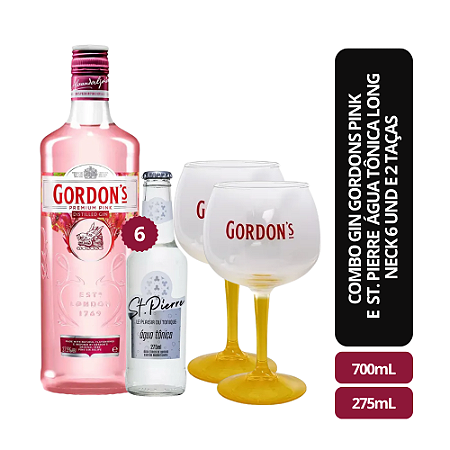 Gin Gordons Pink - 700ml + St. Pierre Água Tônica Long Neck 6 und - 275ml + 2 Taças (vidro)