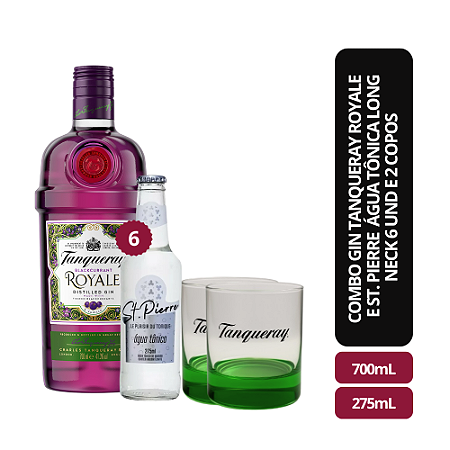 Gin Tanqueray Royale 700ml + St. Pierre Água Tônica Long Neck 6 und - 275ml + 2 Copos (vidro)