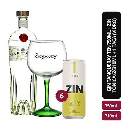 Gin Tanqueray Ten 750ml + Zin Tônica 6x310ml + 1 Taça (Vidro)
