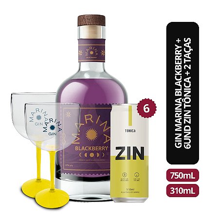 Gin Marina Blackberry 750ml + Zin Tônica 6x310ml + 2 Taças (Acrílico)