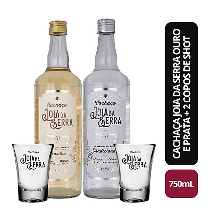 Cachaça Joia da Serra Ouro e Prata 750ml + 2 Copo de Shot (Vidro)