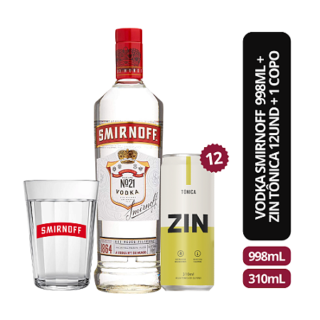 Vodka Smirnoff 998ml + Zin Tônica fardo 12UND + 2 copos de vidro