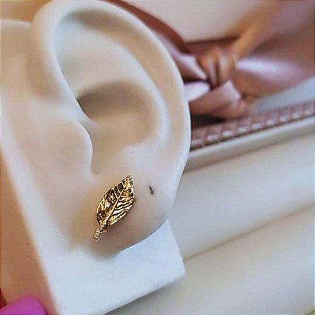 Brinco Folha Com Zircônia Banhado em Ouro 18K