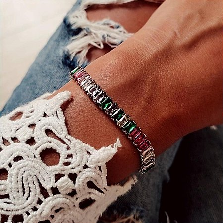 Pulseira Riviera Baguete Colorida Banhada em Ródio Branco