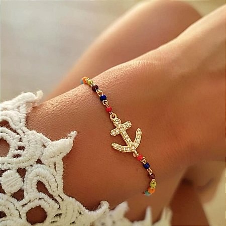 Pulseira Âncora Com Zircônias Banhada em Ouro 18K