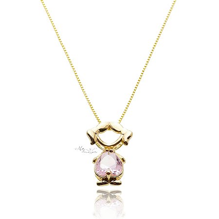 Colar Menina Com Zircônia Rosa Bebê Banhado em Ouro 18K