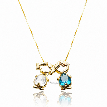 Colar Menina e Menino Com Zircônias Cristal e Azul Banhado em Ouro 18K