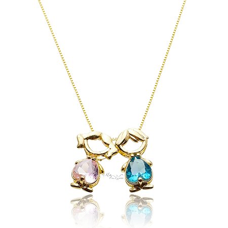 Colar Menina e Menino Com Zircônias Rosa e Azul Banhado em Ouro 18K