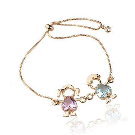 Pulseira Ajustável Menina e Menino Com Zircônias Rosa e Azul Banhado em Ouro 18K