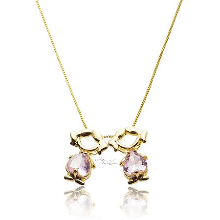 Colar Duas Meninas Com Zircônia Rosa Banhado em Ouro 18K