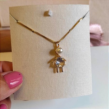 Colar Menina Com Zircônia Cristal e Pérola Banhado em Ouro 18K