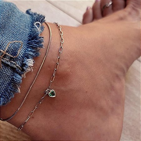 Kit Tornozeleiras Fio Diamantada e Cartier com Pingente de Coração Banhada em Ródio Branco