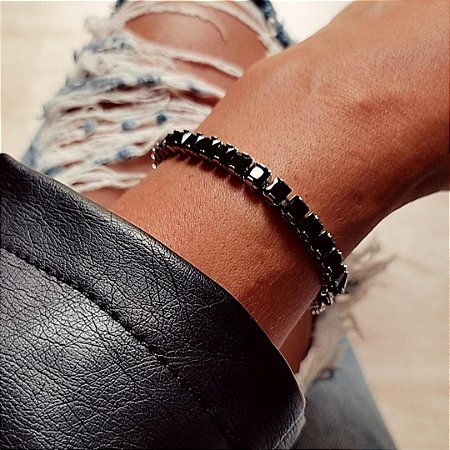Pulseira Riviera Negra Banhada a Ródio Branco