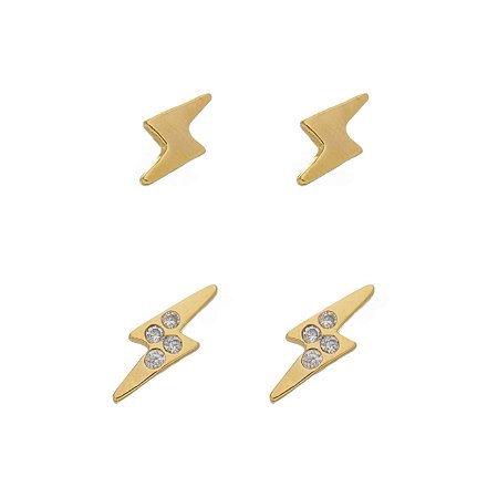 Kit Com 2 Brincos Formato De Raios Com Zircônias Banhado Em Ouro 18K