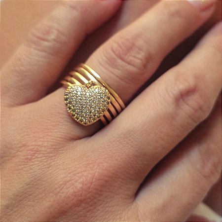 Anel Coração Cravejado Banho em Ouro 18K