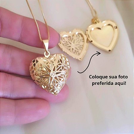 Colar Relicário Coração Banho em Ouro 18K