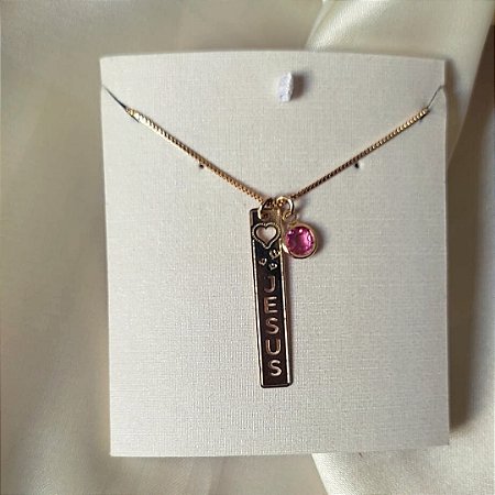 Colar Jesus Com Cristal Rosa Banho a Ouro 18K