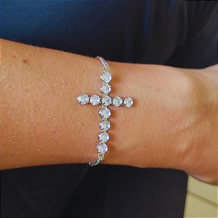 Pulseira Crucifixo Banho em Ródio Branco