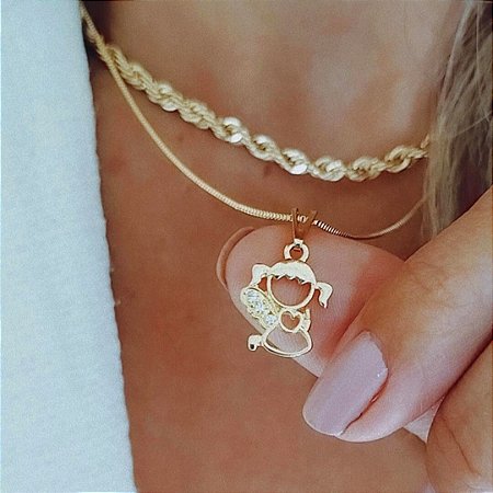 Colar Menina Anjo com Zircônias Banho a Ouro 18K