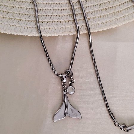 Colar Com Rabo de Sereia e Pingente Cristal com Banho em Ródio Branco