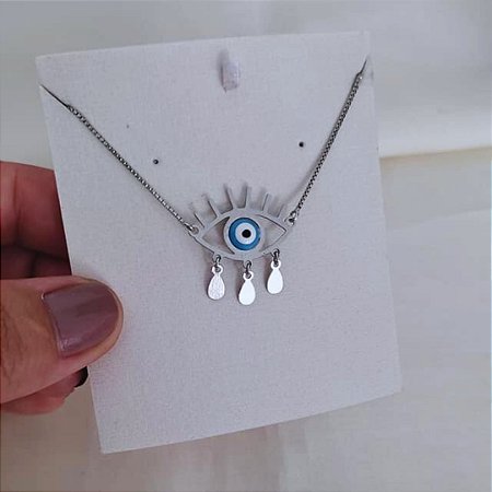 Colar Olho Grego Com Madrepérola e Gotinhas Banho em Ródio Branco