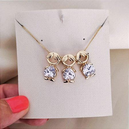Colar Três meninos Com zircônia Cristal Banho em Ouro 18K