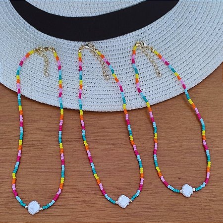 Choker Miçangas com Concha Banho em Ouro 18K