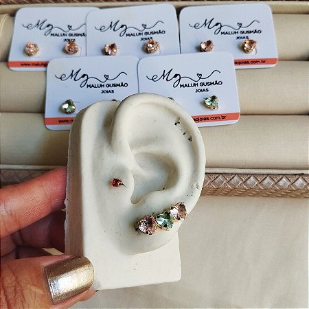 Trio de Brincos Coração Com Zircônias  Rosa e Azul Bebê Com Banho em Ouro 18K