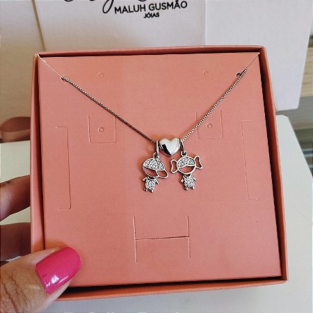 Colar Menina e Menino Com Coração Liso Com Banho em Ródio Branco
