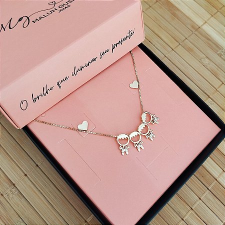 Colar 04Filhos (as) Com Zircônias + Brinco Coração Liso Com Banho Em Ouro 18K