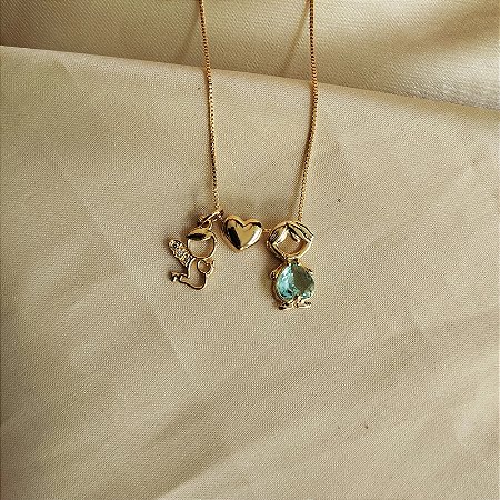 Colar Anjo (a) + Colar Filho (a) Com zircônias Banho em Ouro 18K