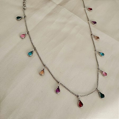 Choker Mini Esferas Com Gotinhas em Zircônias Coloridas com Banho em Ródio Branco