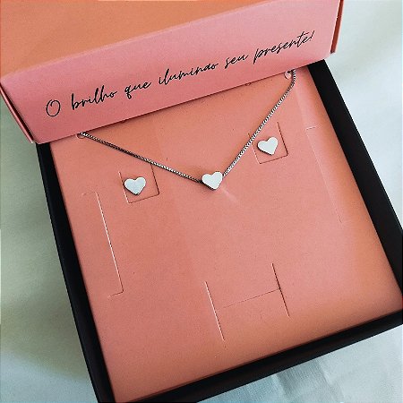 Conjunto Coração Liso Com Banho Em Ródio Branco