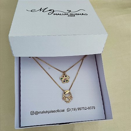 Colar Filho (a) + Colar Pet Com Zircônias Coloridas  Banho a Ouro 18K